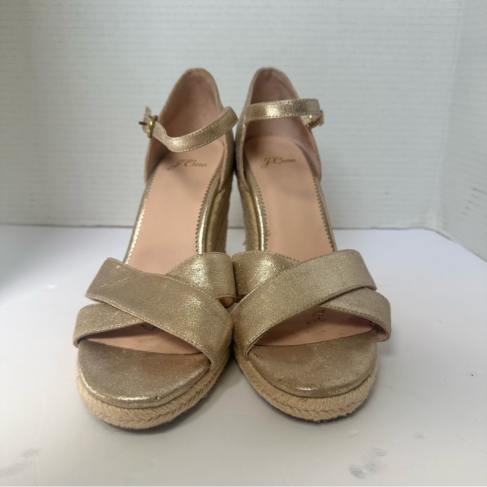 J. Crew Women’s Metallic Gold Wedge Espadrille Sandals with Ankle Strap-Size 8.5 - Picture 11 of 14